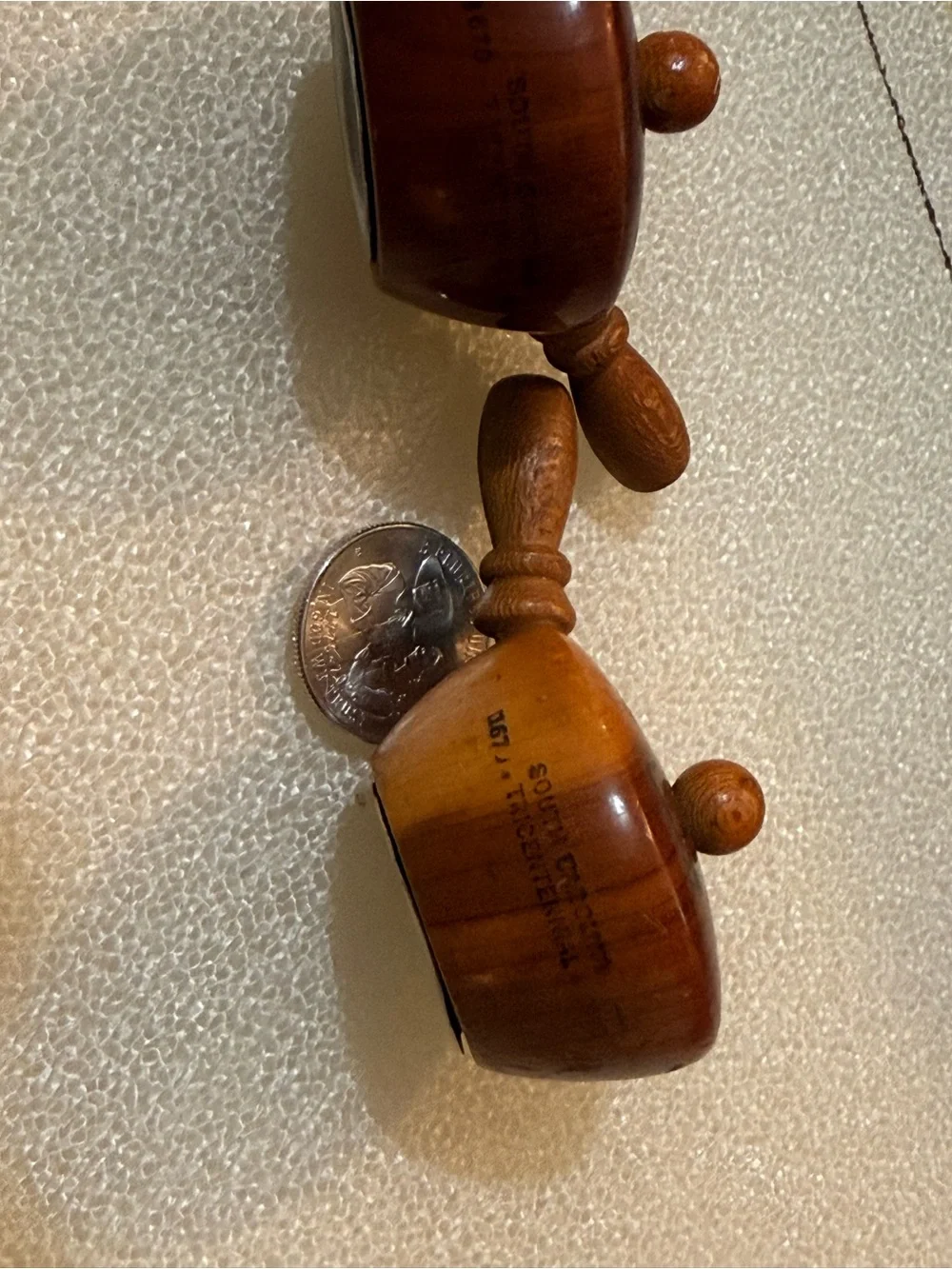Vintage 1970 SC Tricentennial Carved Wooden Salt & Pepper Set in Warm Brown
